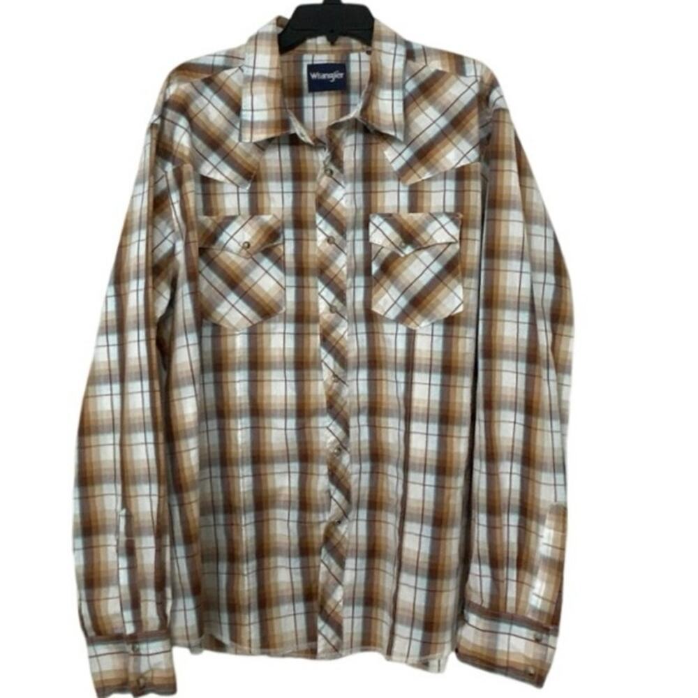 Wrangler Western Plaid Pearl Snap Shirt XXL Regular Brown Turquoise Long Sleeve